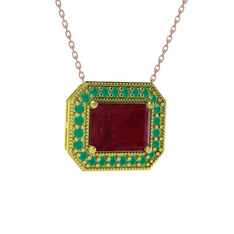 Esinti Dikdörtgen Kolye - Kök yakut ve kök zümrüt 8 ayar altın kolye (40 cm rose altın rolo zincir) #ax40mf