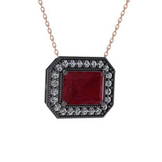 Esinti Dikdörtgen Kolye - Kök yakut ve pırlanta 925 ayar siyah rodyum kaplama gümüş kolye (0.253 karat, 40 cm rose altın rolo zincir) #azbbbk