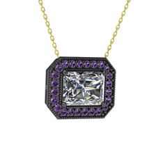 Esinti Dikdörtgen Kolye - Swarovski ve ametist 925 ayar siyah rodyum kaplama gümüş kolye (40 cm altın rolo zincir) #b6mee4