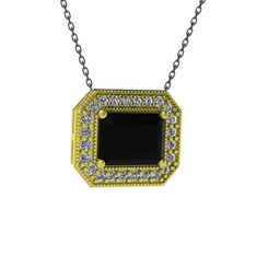 Esinti Dikdörtgen Kolye - Siyah zirkon ve pırlanta 8 ayar altın kolye (0.253 karat, 40 cm gümüş rolo zincir) #basth6