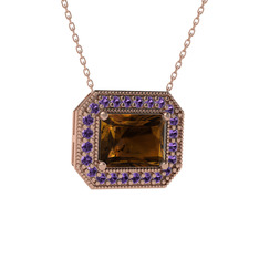 Esinti Dikdörtgen Kolye - Dumanlı kuvars ve ametist 14 ayar rose altın kolye (40 cm rose altın rolo zincir) #c17kk