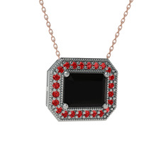 Esinti Dikdörtgen Kolye - Siyah zirkon ve garnet 14 ayar beyaz altın kolye (40 cm gümüş rolo zincir) #c1g49v