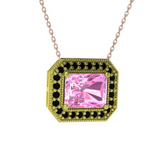 Esinti Dikdörtgen Kolye - Pembe kuvars ve siyah zirkon 18 ayar altın kolye (40 cm rose altın rolo zincir) #co5h5j