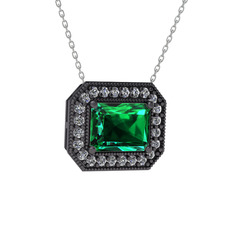 Esinti Dikdörtgen Kolye - Yeşil kuvars ve pırlanta 925 ayar siyah rodyum kaplama gümüş kolye (0.253 karat, 40 cm gümüş rolo zincir) #cwe5fe
