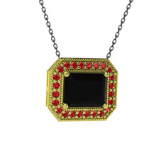 Esinti Dikdörtgen Kolye - Siyah zirkon ve garnet 14 ayar altın kolye (40 cm gümüş rolo zincir) #d14tvo