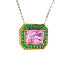 Esinti Dikdörtgen Kolye - Pembe kuvars ve kök zümrüt 18 ayar altın kolye (40 cm gümüş rolo zincir) #d5pscs