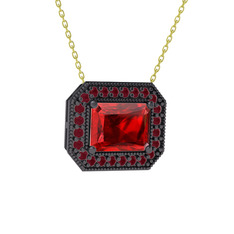 Garnet ve kök yakut 925 ayar siyah rodyum kaplama gümüş kolye (40 cm altın rolo zincir)