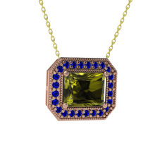 Peridot ve lab safir 8 ayar rose altın kolye (40 cm gümüş rolo zincir)