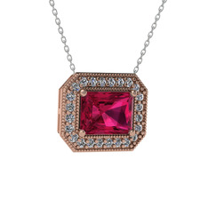 Esinti Dikdörtgen Kolye - Rodolit garnet ve pırlanta 14 ayar rose altın kolye (0.253 karat, 40 cm beyaz altın rolo zincir) #dysu9w