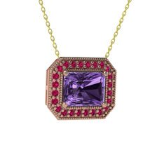 Esinti Dikdörtgen Kolye - Ametist ve rodolit garnet 18 ayar rose altın kolye (40 cm altın rolo zincir) #e1pvvl