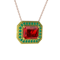 Esinti Dikdörtgen Kolye - Garnet ve kök zümrüt 8 ayar altın kolye (40 cm rose altın rolo zincir) #e60jd5