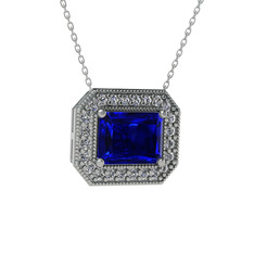 Lab safir ve swarovski 925 ayar gümüş kolye (40 cm gümüş rolo zincir)