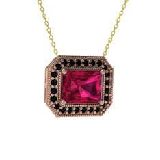 Rodolit garnet ve siyah zirkon 14 ayar rose altın kolye (40 cm altın rolo zincir)