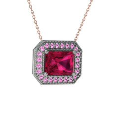 Esinti Dikdörtgen Kolye - Rodolit garnet ve pembe kuvars 8 ayar beyaz altın kolye (40 cm rose altın rolo zincir) #f0aier