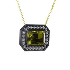 Esinti Dikdörtgen Kolye - Peridot ve beyaz zirkon 925 ayar siyah rodyum kaplama gümüş kolye (40 cm altın rolo zincir) #f59pze