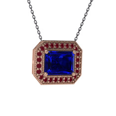 Esinti Dikdörtgen Kolye - Lab safir ve kök yakut 18 ayar rose altın kolye (40 cm gümüş rolo zincir) #f7kmzy