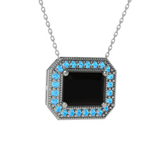 Esinti Dikdörtgen Kolye - Siyah zirkon ve akuamarin 14 ayar beyaz altın kolye (40 cm beyaz altın rolo zincir) #fgkdxr