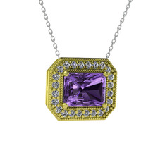 Esinti Dikdörtgen Kolye - Ametist ve swarovski 14 ayar altın kolye (40 cm beyaz altın rolo zincir) #fj3726