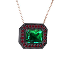 Esinti Dikdörtgen Kolye - Yeşil kuvars ve kök yakut 925 ayar siyah rodyum kaplama gümüş kolye (40 cm rose altın rolo zincir) #focuc4