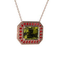Esinti Dikdörtgen Kolye - Peridot ve garnet 18 ayar rose altın kolye (40 cm rose altın rolo zincir) #g9egp6