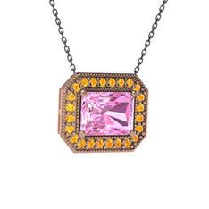 Pembe kuvars ve sitrin 8 ayar rose altın kolye (40 cm gümüş rolo zincir)
