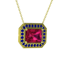 Rodolit garnet ve lab safir 8 ayar altın kolye (40 cm gümüş rolo zincir)