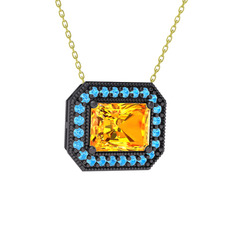 Esinti Dikdörtgen Kolye - Sitrin ve akuamarin 925 ayar siyah rodyum kaplama gümüş kolye (40 cm gümüş rolo zincir) #gr3wee