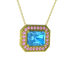 Esinti Dikdörtgen Kolye - Akuamarin ve pembe kuvars 18 ayar altın kolye (40 cm altın rolo zincir) #hi8fxu