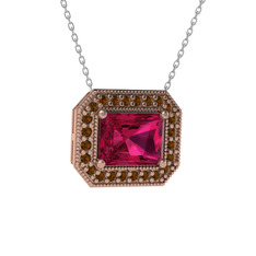 Esinti Dikdörtgen Kolye - Rodolit garnet ve dumanlı kuvars 8 ayar rose altın kolye (40 cm beyaz altın rolo zincir) #ho49nd
