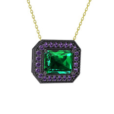 Yeşil kuvars ve ametist 925 ayar siyah rodyum kaplama gümüş kolye (40 cm altın rolo zincir)