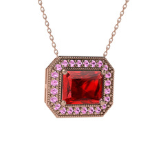 Esinti Dikdörtgen Kolye - Garnet ve pembe kuvars 14 ayar rose altın kolye (40 cm rose altın rolo zincir) #i784jj