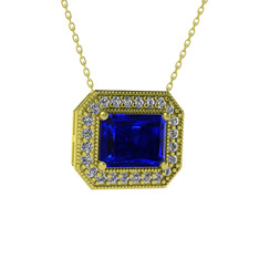 Esinti Dikdörtgen Kolye - Lab safir ve swarovski 18 ayar altın kolye (40 cm altın rolo zincir) #ih4073