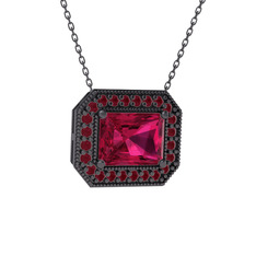 Esinti Dikdörtgen Kolye - Rodolit garnet ve kök yakut 925 ayar siyah rodyum kaplama gümüş kolye (40 cm gümüş rolo zincir) #iiaxzl
