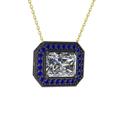 Swarovski ve lab safir 925 ayar siyah rodyum kaplama gümüş kolye (40 cm altın rolo zincir)
