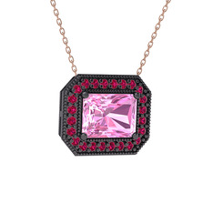 Pembe kuvars ve rodolit garnet 925 ayar siyah rodyum kaplama gümüş kolye (40 cm rose altın rolo zincir)