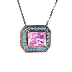 Pembe kuvars ve akuamarin 925 ayar rose altın kaplama gümüş kolye (40 cm gümüş rolo zincir)