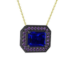 Esinti Dikdörtgen Kolye - Lab safir ve ametist 925 ayar siyah rodyum kaplama gümüş kolye (40 cm altın rolo zincir) #itjxq4