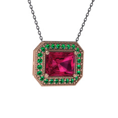 Esinti Dikdörtgen Kolye - Rodolit garnet ve yeşil kuvars 14 ayar rose altın kolye (40 cm gümüş rolo zincir) #j853as