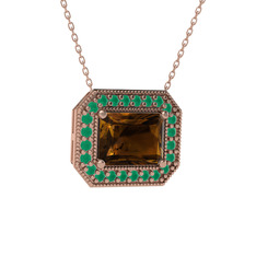 Esinti Dikdörtgen Kolye - Dumanlı kuvars ve kök zümrüt 925 ayar rose altın kaplama gümüş kolye (40 cm rose altın rolo zincir) #j94l11
