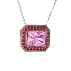 Esinti Dikdörtgen Kolye - Pembe kuvars ve rodolit garnet 8 ayar rose altın kolye (40 cm beyaz altın rolo zincir) #jah52a