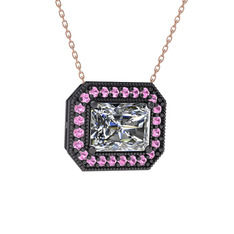 Esinti Dikdörtgen Kolye - Swarovski ve pembe kuvars 925 ayar siyah rodyum kaplama gümüş kolye (40 cm rose altın rolo zincir) #jhb7e