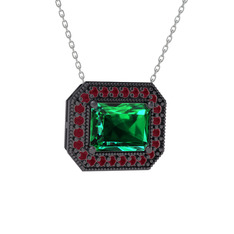 Esinti Dikdörtgen Kolye - Yeşil kuvars ve kök yakut 925 ayar siyah rodyum kaplama gümüş kolye (40 cm beyaz altın rolo zincir) #jn9u7d