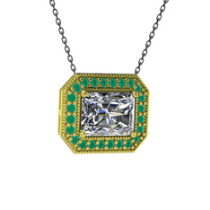 Esinti Dikdörtgen Kolye - Beyaz zirkon ve kök zümrüt 925 ayar altın kaplama gümüş kolye (40 cm gümüş rolo zincir) #k9knma