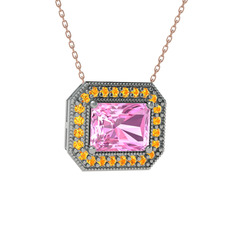 Esinti Dikdörtgen Kolye - Pembe kuvars ve sitrin 8 ayar beyaz altın kolye (40 cm rose altın rolo zincir) #kwy71i