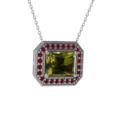 Esinti Dikdörtgen Kolye - Peridot ve kök yakut 14 ayar beyaz altın kolye (40 cm beyaz altın rolo zincir) #kxxl1c