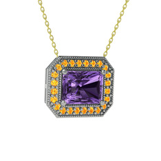 Esinti Dikdörtgen Kolye - Ametist ve sitrin 18 ayar beyaz altın kolye (40 cm altın rolo zincir) #m1phlz