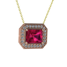 Rodolit garnet ve beyaz zirkon 14 ayar rose altın kolye (40 cm gümüş rolo zincir)