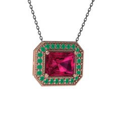Rodolit garnet ve kök zümrüt 14 ayar rose altın kolye (40 cm gümüş rolo zincir)