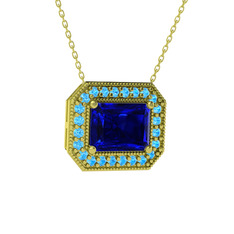 Lab safir ve akuamarin 14 ayar altın kolye (40 cm altın rolo zincir)