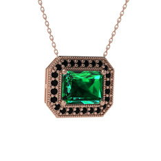Esinti Dikdörtgen Kolye - Yeşil kuvars ve siyah zirkon 8 ayar rose altın kolye (40 cm rose altın rolo zincir) #mmfc9n
